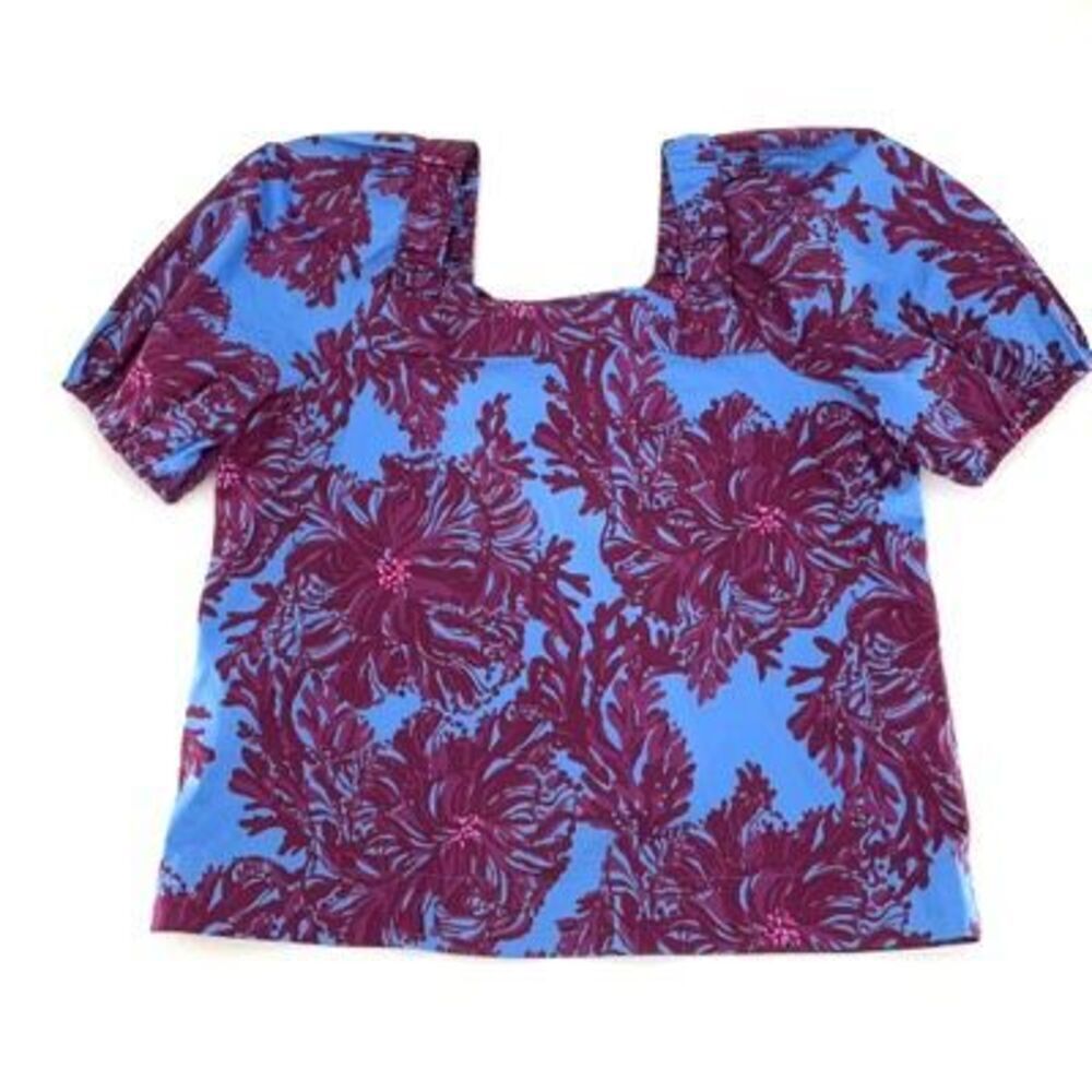 Lilly Pulitzer Blue Red Floral Tie Front Square Neck Short Sleeve Blouse Size 2